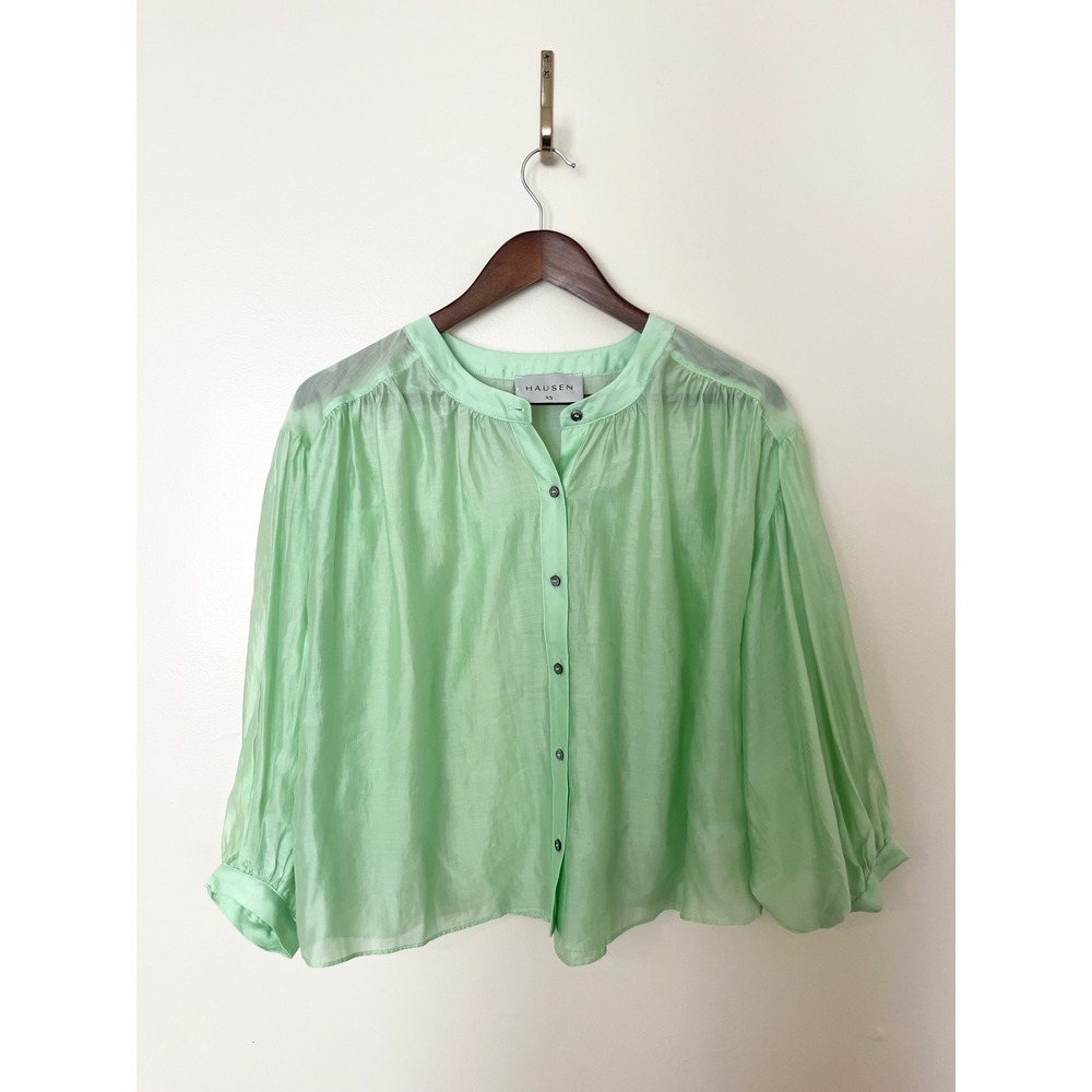 HAUSEN Womens‎ XS Mint Green Sheer Shimmer Balloon Sleeve Button Down Blouse
